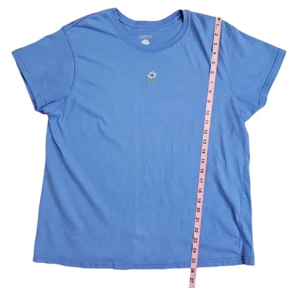 Cuffy’s Womens XL T-Shirt Blue Cotton Embroidered Daisy Coastal Casual Vacation - Picture 6 of 6